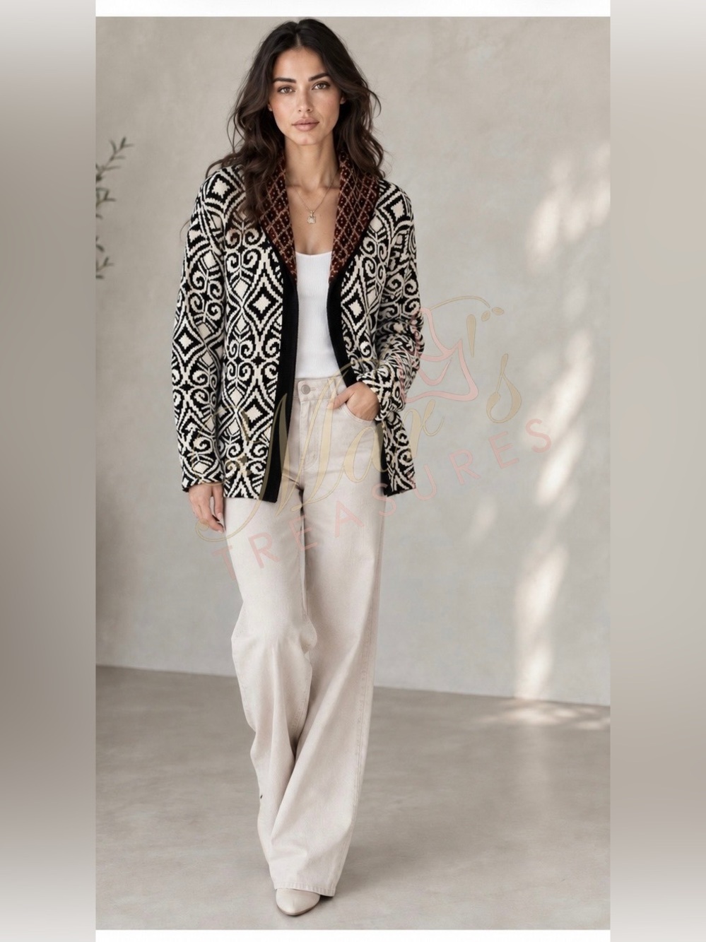 Anthropologie Dia North of Boston Chenille Cardigan Black Ivory Size L